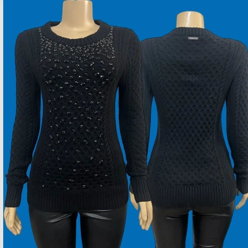NWT Michael Kors Embellished Cable Knit Sweater Long Sleeve Black Small $255